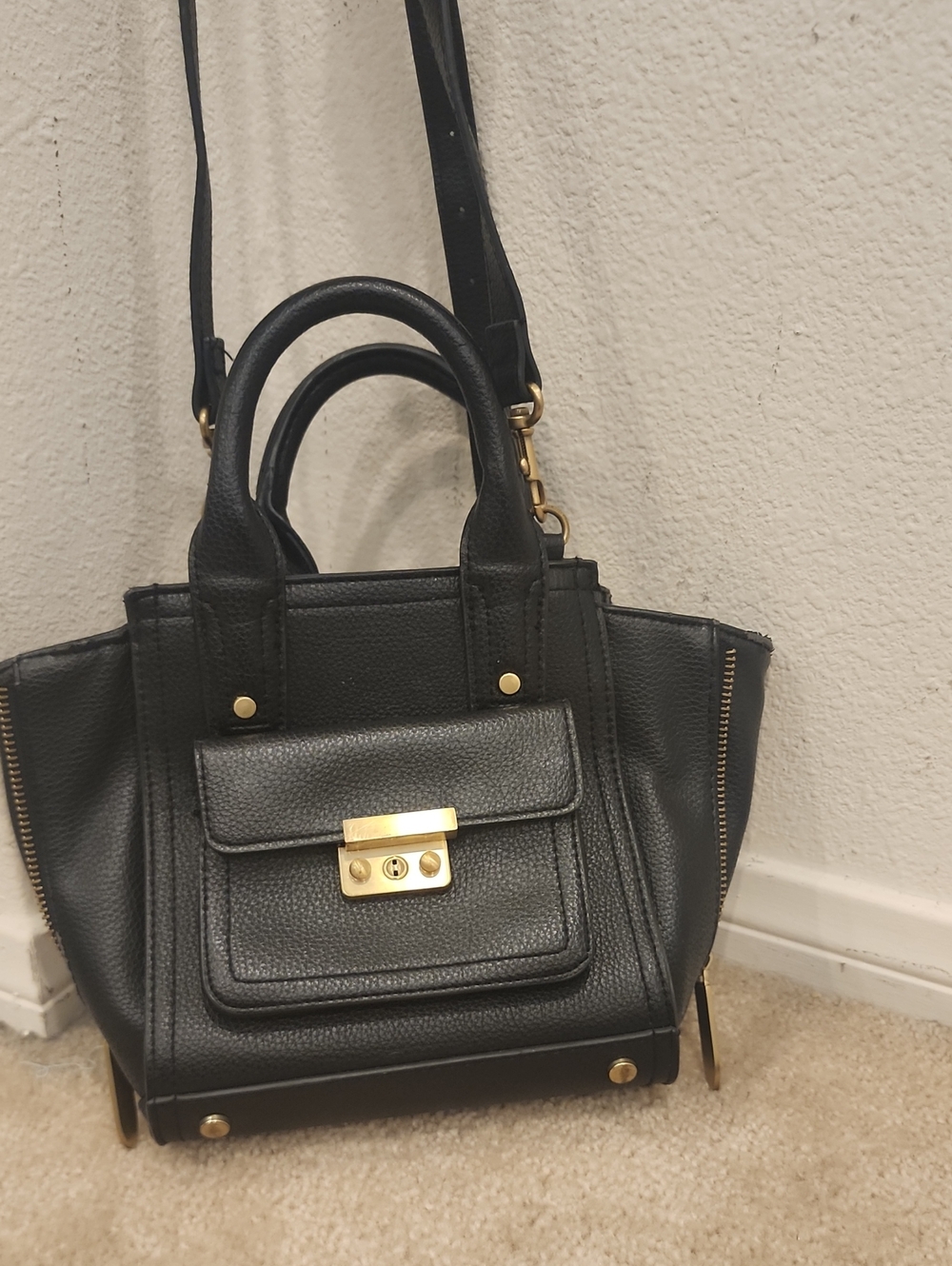 Black Leather Satchel Handbag with Gold Hardware